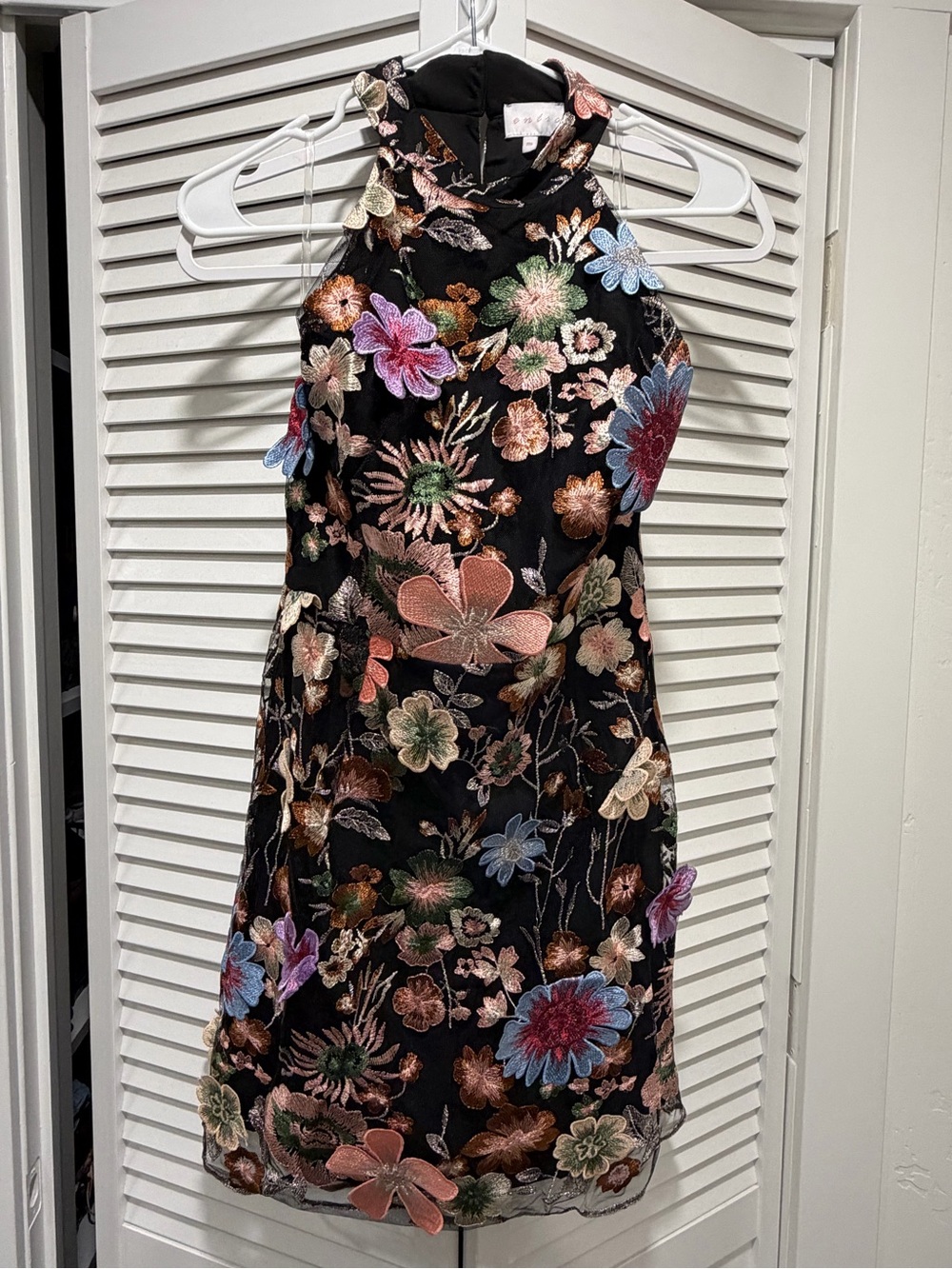 entro Black Floral Embroidered Halter Mini Dress